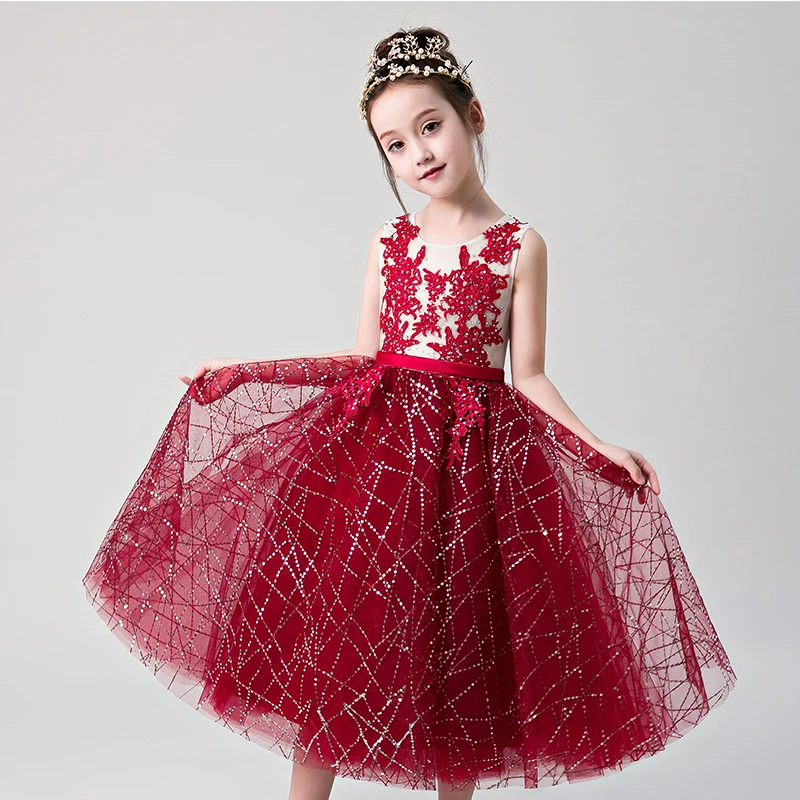 

Wine Red Holy Comminion Dress Sequined Appliques Flower Girl Dresses Wedding Evening Dress Ball Gown Princess Formal Dress Party