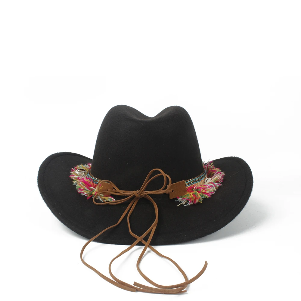 Женская шерстяная ковбойская шляпа Sombrero Hombre Черная кепка с кисточками размер 56 58