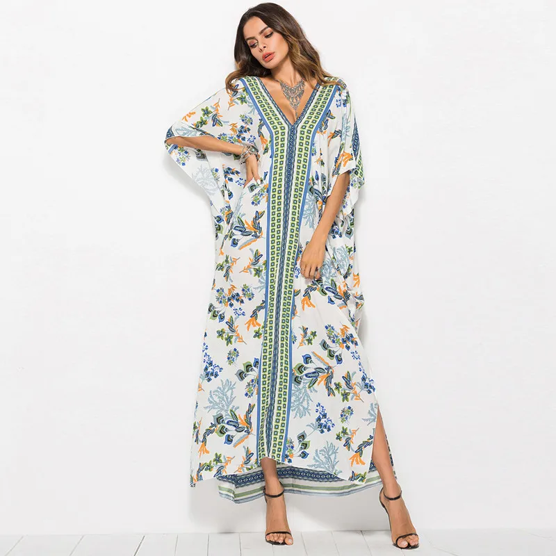 Kaufen Sexy Drucken Strand Kleid Cover Up Bikini Frauen Badeanzug Abdeckung up kaftan Strand Badeanzug Strand Tragen sommer Bademode tunika Robe