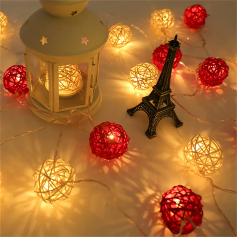 Белый красный ротанга мяч светодиодный огни строки 1,5 м 10 светодиодный батареи украшение праздника Рождества Крытый Открытый Новый год