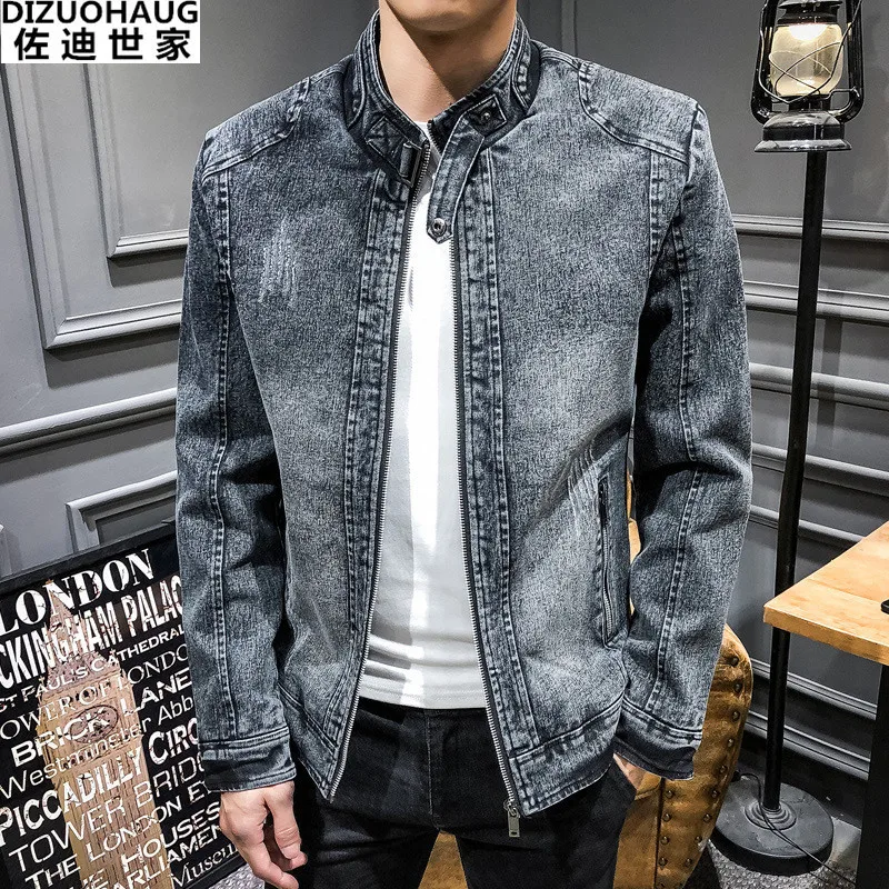 

2019 new retro denim jacket men youth stand collar solid color denim jacket