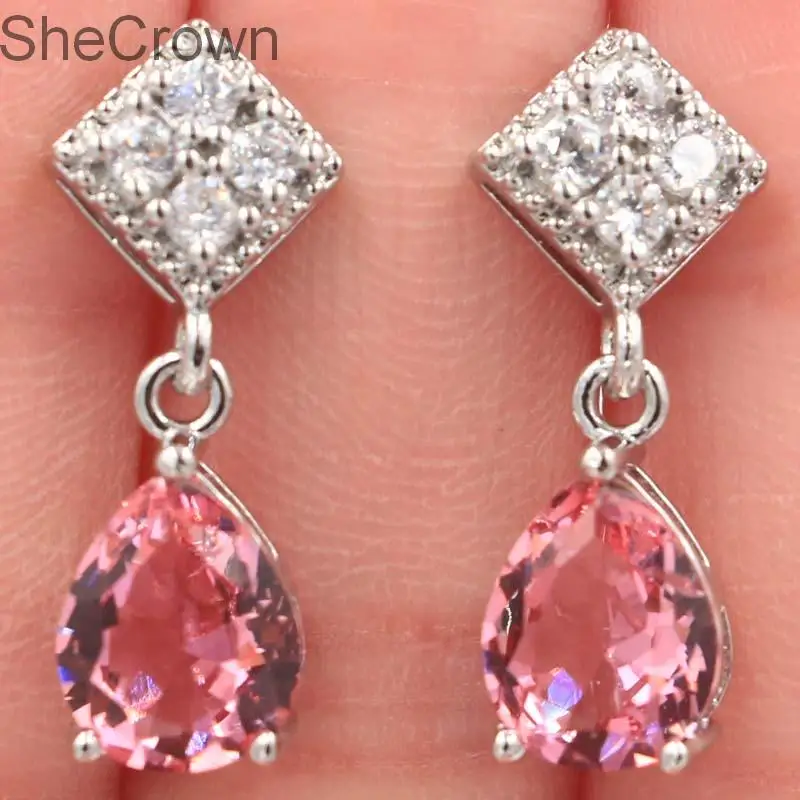 

Fancy Pink Morganite White CZ SheCrown Wedding Silver Earrings 25x8mm