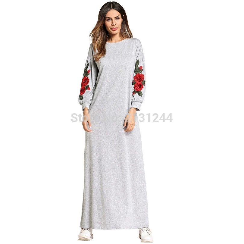 

Muslim Abaya Embroidery Maxi Dress Cotton Kimono Flower Long Robe Gowns Loose Style Jubah Ramadan Middle East Islamic Clothing