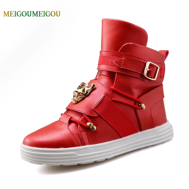 

LFFZ Cool Design Men Vulcanize Shoes Metal Decoration Fashion Men Casual Shoes Unique Stitching Buckle Strap Sneakers Men Flats