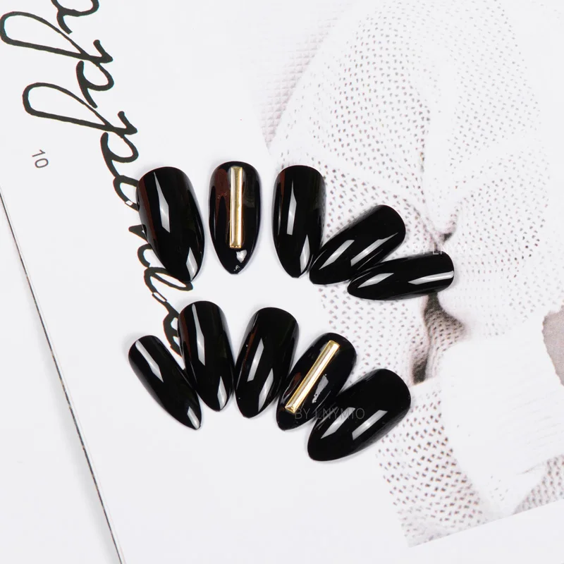 

Fashion black fake nail tips with metal rod decoration 24Pcs