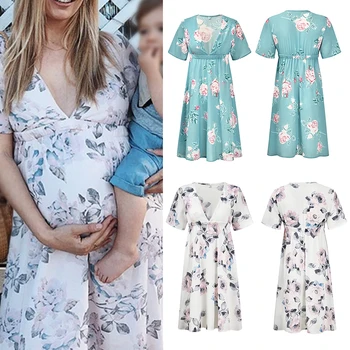

Summer V Neck Pregnant Flower Large Swing Women Dress Causal Floral Prints Slim Waist Fashion Gift Short Sleeve Maternity