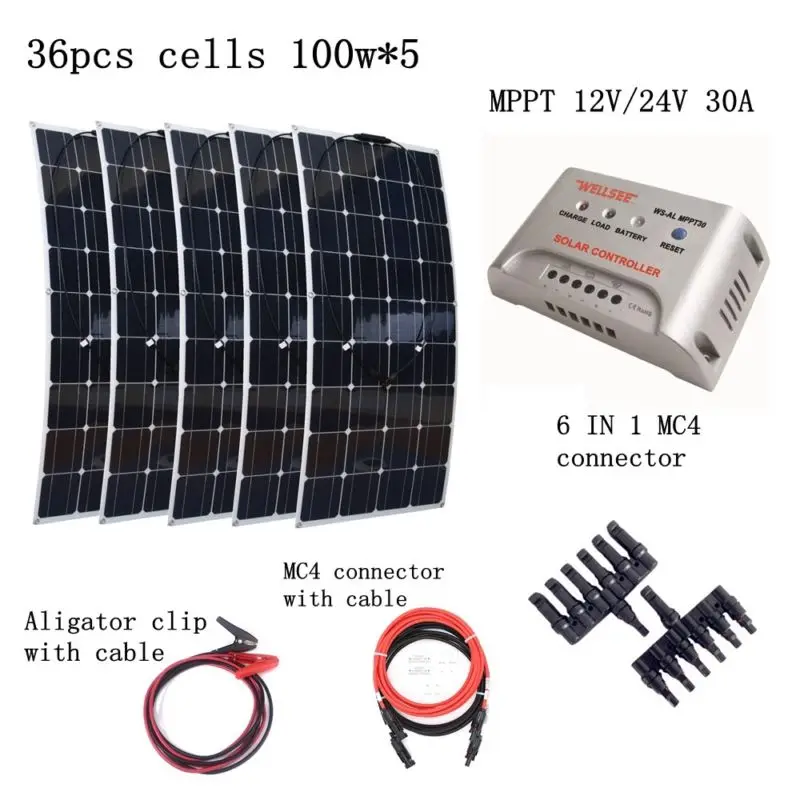 

5pcs Mono 100W Solar Panels Kit with MPPT 30A Controller and Quick Connection Cables Emergency Houseuse 500W Solar Power System