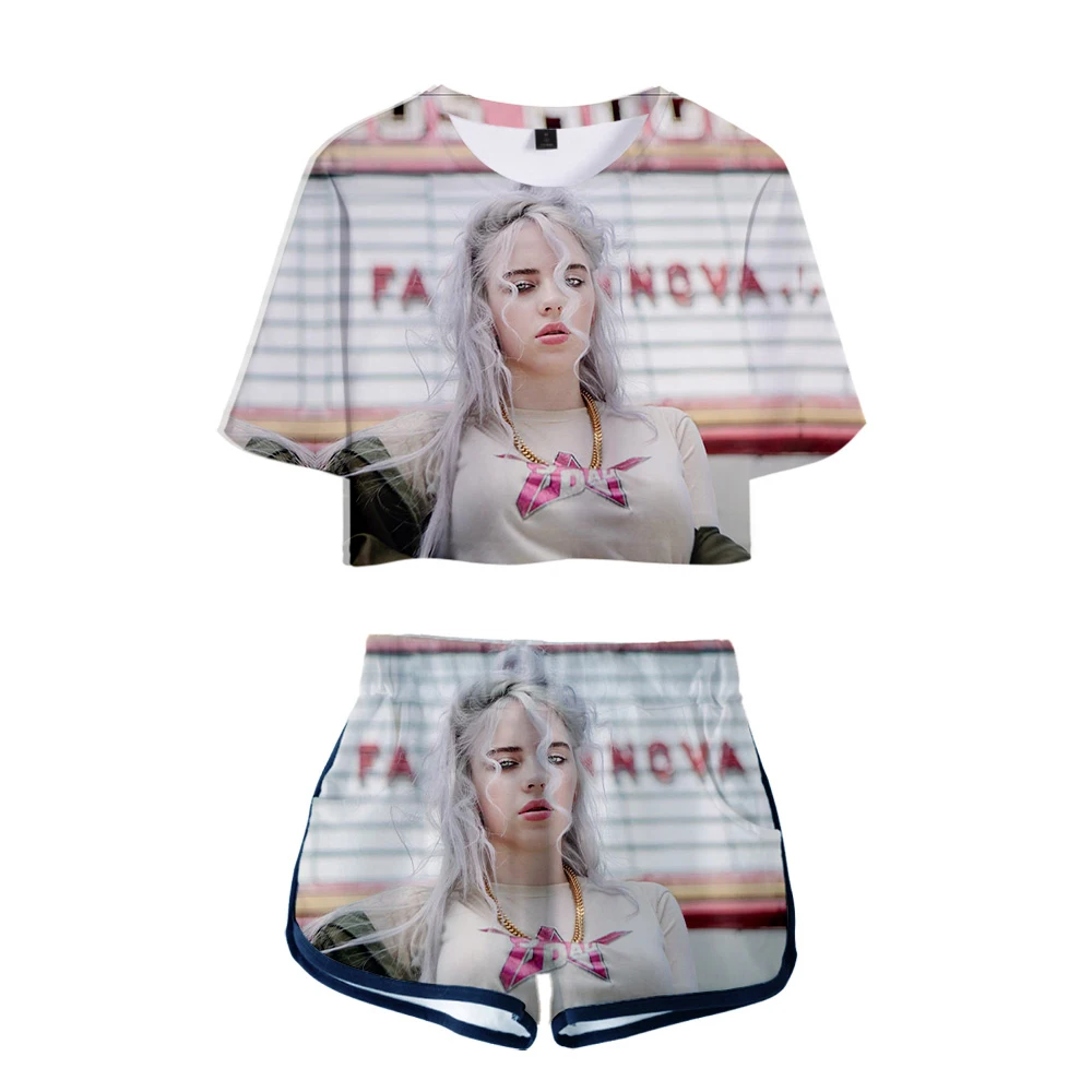 

3D Women's two-piece sets Billie Eilish Exposed Navel t shirt+shorts Fashion Hip Hop Summer 3D Billie Eilish girls suits clothes