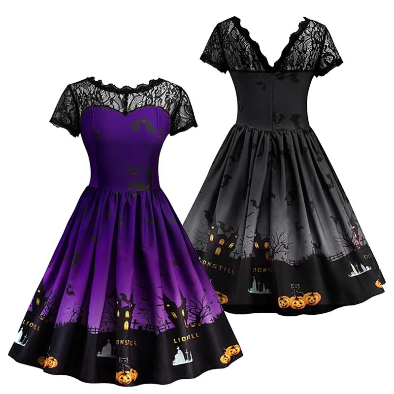 Женское и подростковое платье в готическом стиле на Хэллоуин, с принтом тыквы, летучей мыши, сексуальное кружевное платье миди с v-образным вырезом, вечерние платья для женщин