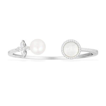 

Luxury Festival 925 Sterling Silver Freshwater pearl Cuff Bangle Women Wedding Bridal Shell Flower Round Sun Bangle Jewelry