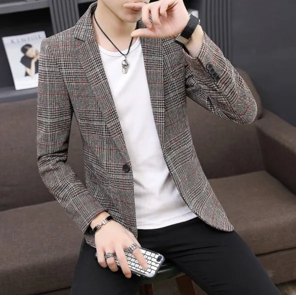 Korean Style Casual Plaid Blazer Men Plus Size Mens Long Sleeve Blazers