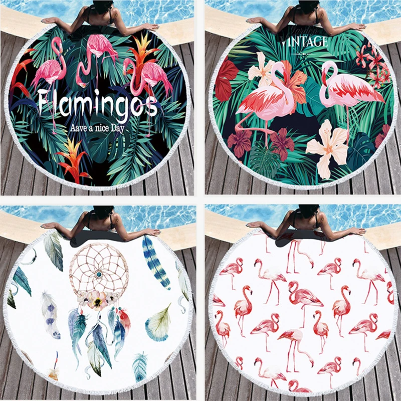  Round Beach Towel 150CM Flamingo Microfiber Round Large Beach Towel Blanket with Tassel Bohemian Pi