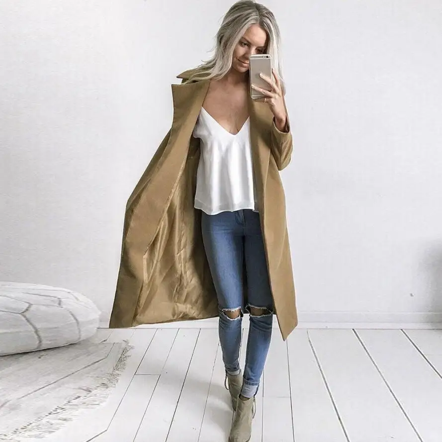 2018 Khaki NEW Fashion Winter Womens Long Coat Turn down