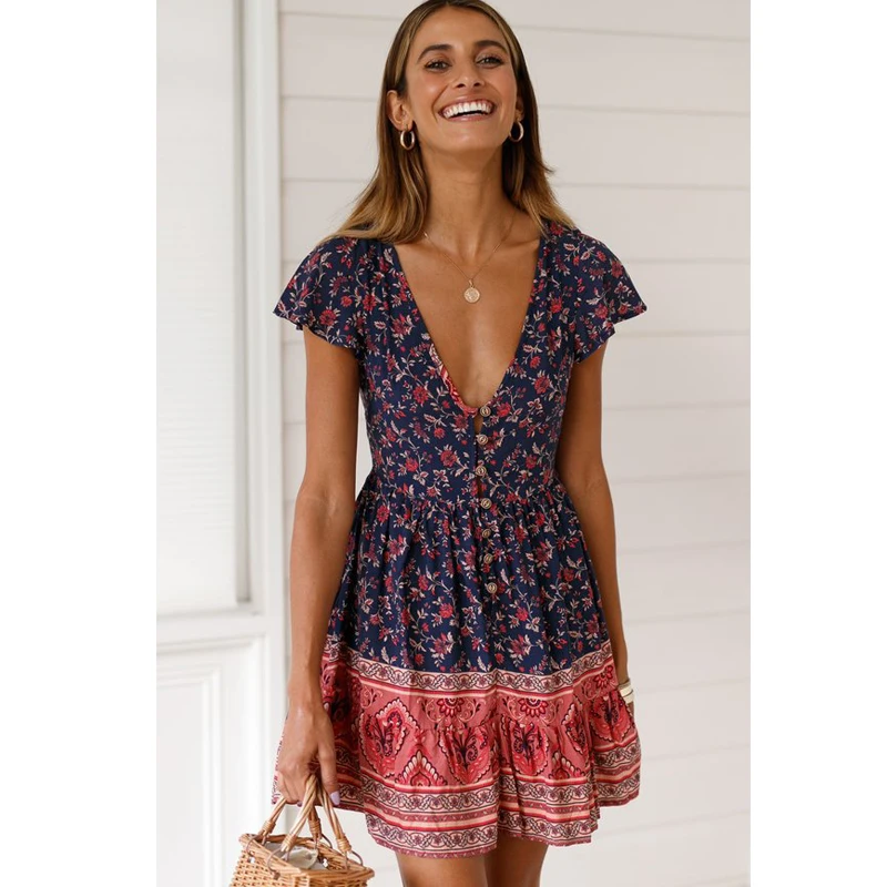 

Women Summer Bohemian Print Dress Holiday Beach Floral Chiffon Sundress deep v neck short sleeves plus size casual party dresses