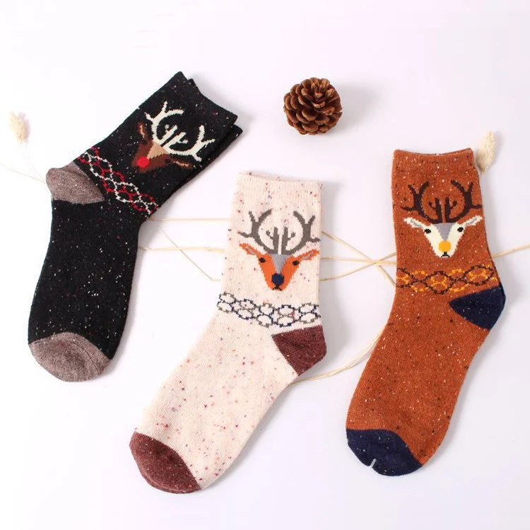 Deer 3pairs 3 пар/лот, женские зимние толстые теплые шерстяные носки в стиле ретро, женские хлопковые носки с милыми мультяшными животными и лисой, s395 - Цвет: Deer 3pairs