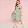 SHEIN детское зеленое платье-рубашка в стиле бохо с открытыми плечами и оборкой, с поясом, летнее милое платье на пуговицах спереди, с высокой талией, длиной до колена