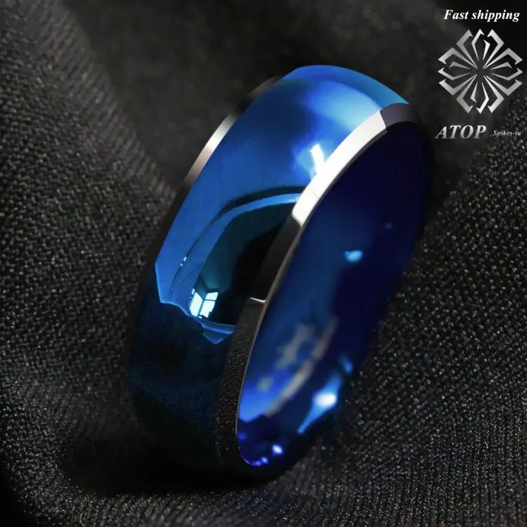 Cheap 8mm Men s Tungsten ring Blue Domed with Beveled Silver Edges Wedding Rings Free Shipping