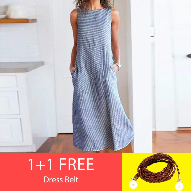 

Women cotton and linen Dress 2019 striped Print Sleeveless Summer Dress office Casual Loose long Dresses with pocket Vestidos