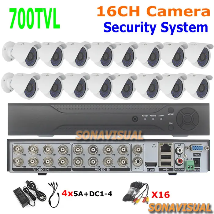 

700TVL 16 Channel CCTV Camera System 16CH DVR Recorder + 16Pcs CCTV Cameras Outdoor Waterproof Night Vision + 16Pcs Video Cables