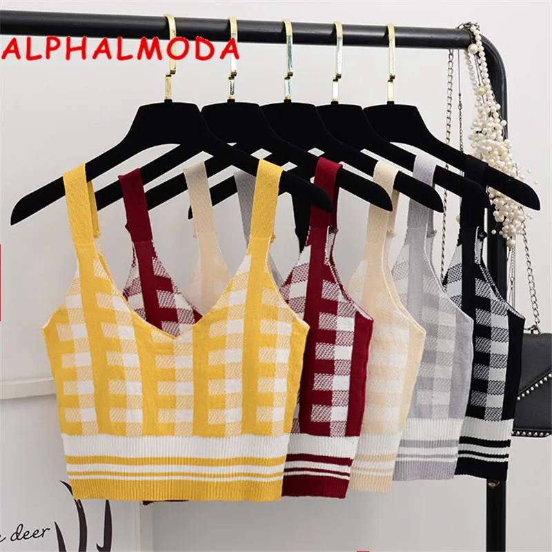 Универсальная трикотажная футболка ALPHALMODA с треугольным вырезом клетчатый топ на