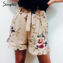 Simplee повседневные шорты с цветочным принтом и рюшами Женская летняя пляжная на кулиске шорты с бантом на поясе шорты с карманами на молнии шорты в уличном стиле