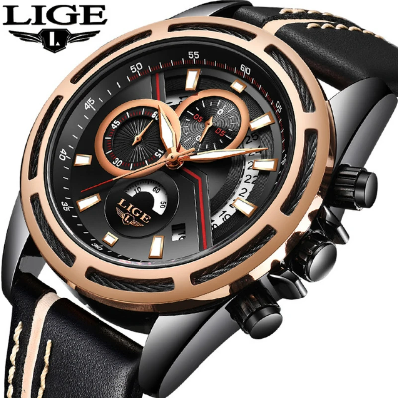 

LIGE Men's Watches Fashion Brand Multifunction Chronograph Leather Quartz Military Sport Wrist Watch Men Clock Relogio Masculino