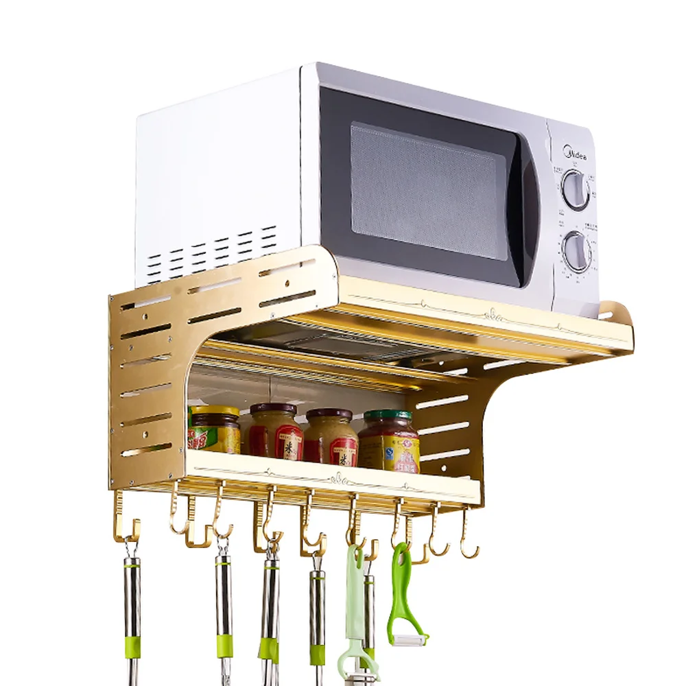 

Perforated space aluminum kitchen rack microwave rack 2 gold wall hanger rack shelf oven shelf LU4286