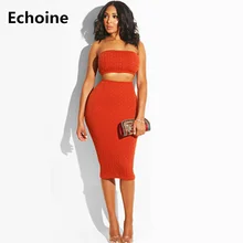 Women knit 2 pieces set Knit Crop Top and Midi Skirt Bodycon KnitSkirt Sexy Strapless Top Female Clubwear Outfit Elegant Skirt marled knit crop top with split skirt