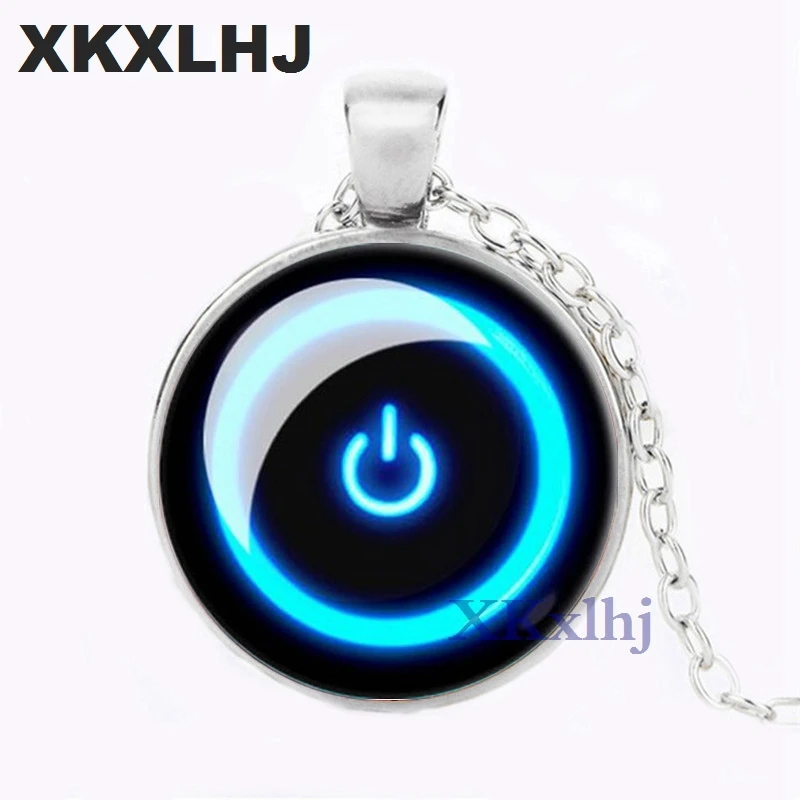 

XKXLHJ Charms Power Button Necklace Glass Cabochon Art Pattern Pendant Neon Computer Necklaces For Mens Handmade Gift Jewelry