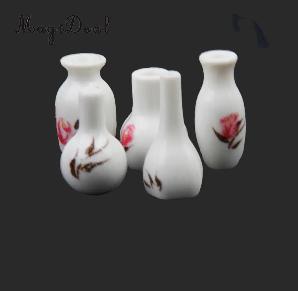MagiDeal 1/12 Scale Dollhouse Miniature White ABS plastic Vase Jars with Floral Printed for Kitchen Furniture Pretend Play Toys