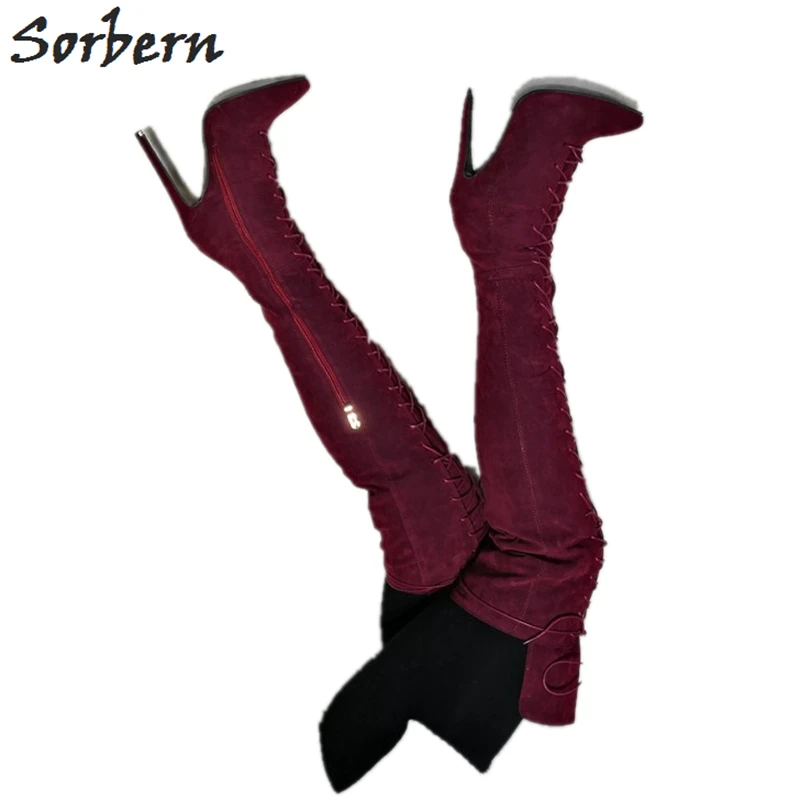 Sorbern Warm Winter Boots Women Mid Thigh High Lace Up High Heel