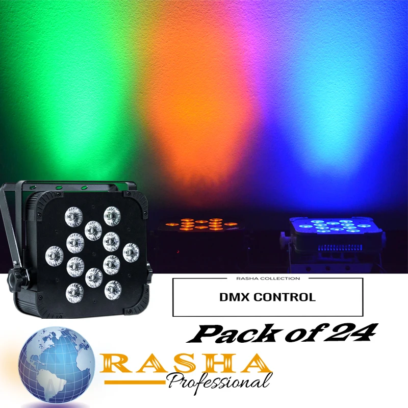 

(Pack of 24) Rasha Hex V12 with 6in1 RGBAW+UV Color Leds, Non-Wireless DMX LED Slim Par Light For Stage Event Productions