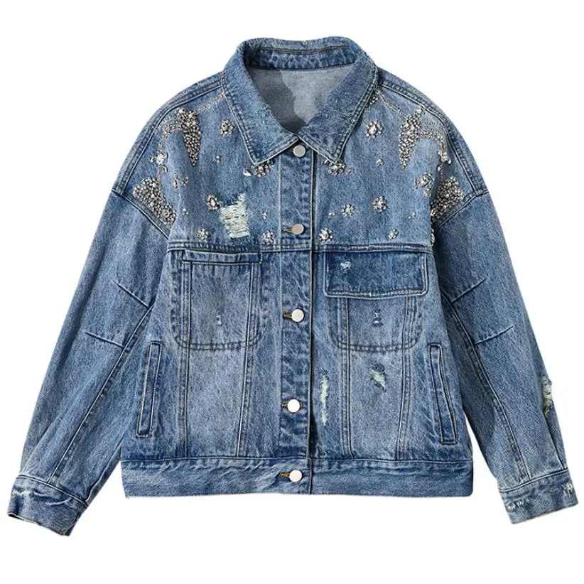 Embroidery three-dimensional diamond Denim jackets female single breasted Frayed hole denim outwear tops wq1558 dropship Embroidery three-dimensional diamond Denim jackets female single breasted Frayed hole denim outwear tops wq1558 dropship