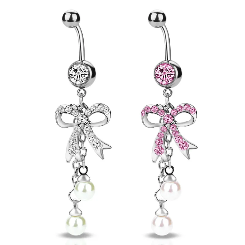 Navel Piercing Jewelry Pink Pearl Belly Ring Pink Bow Belly Ring
