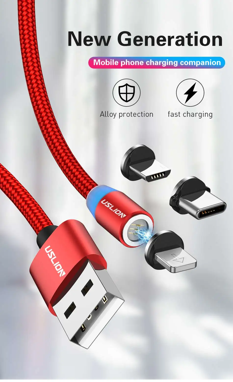 USLION 2M 3A Магнитный кабель для быстрой зарядки Micro USB и type-C кабель для зарядки телефона для iPhone Xs Max 8 7 для huawei samsung Xiaomi