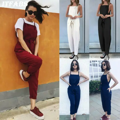 

Women's Casual Loose Linen Cotton Jumpsuit Dungarees Playsuit Trousers Overalls