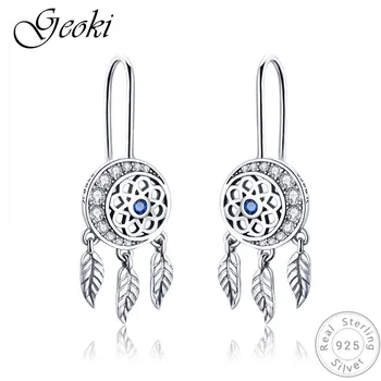 

Geoki 925 Sterling Silver Women Original CZ Moon Catch Dreamer Drop Earrings S925 Cubic Zirconia Feather Earrings Luxury Jewelry