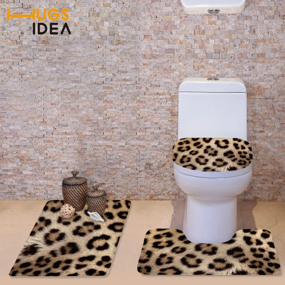

HUGSIDEA Modern Leopard Toilet Seat Cover Home Bathroom Decorator 3D WC Warm Toilet Lid Cover Soft Non Slip Area Rugs 3pcs/set