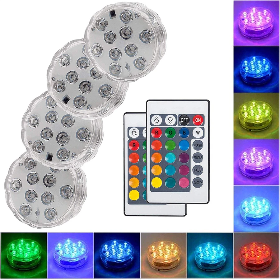 underwater lights 10 Led Remote Controlled RGB Submersible Light Battery Operated Underwater Night Lamp Outdoor Vase Bowl Garden Party Decoration  Lamp Solar Powered Color Changing 