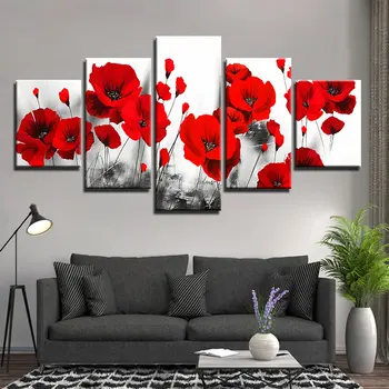 

Canvas Painting Modular 5 Pieces Red Poppy Flower Picture Rose Posters Wall Art for Living Room Home Decoration