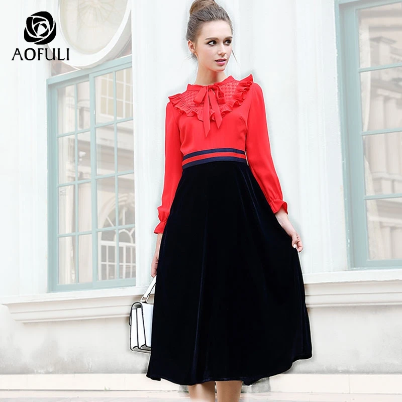 AOFULI M- 5XL Women Ruffle Velvet Patchwork Dress With Ribbon Bow Mid-calf Length Dress Flare Sleeve Plus Size Midi Dresses 6287