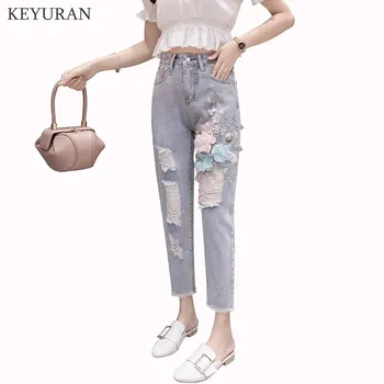 

2019 Summer New Three-dimensional Floral Appliques Beaded Sequins Embroidery Women Ripped Denim Pants Female Hole Jeans L3301