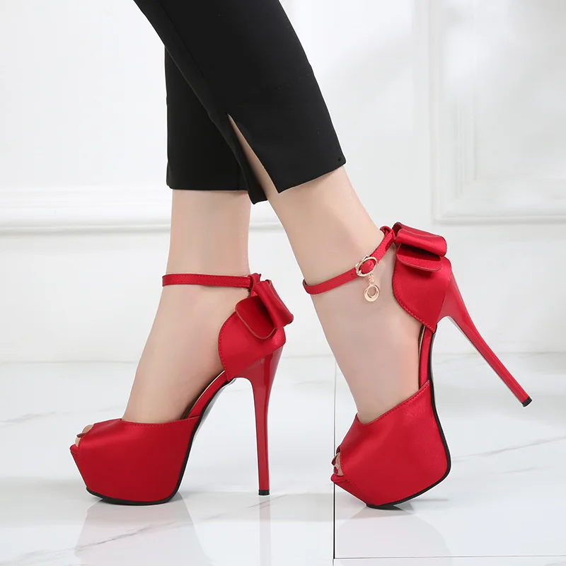 

Red Wedding Women Sandals With Bow PVC High Heel 14CM Transparent Platform Sandals Ladies Open Toe Shoes