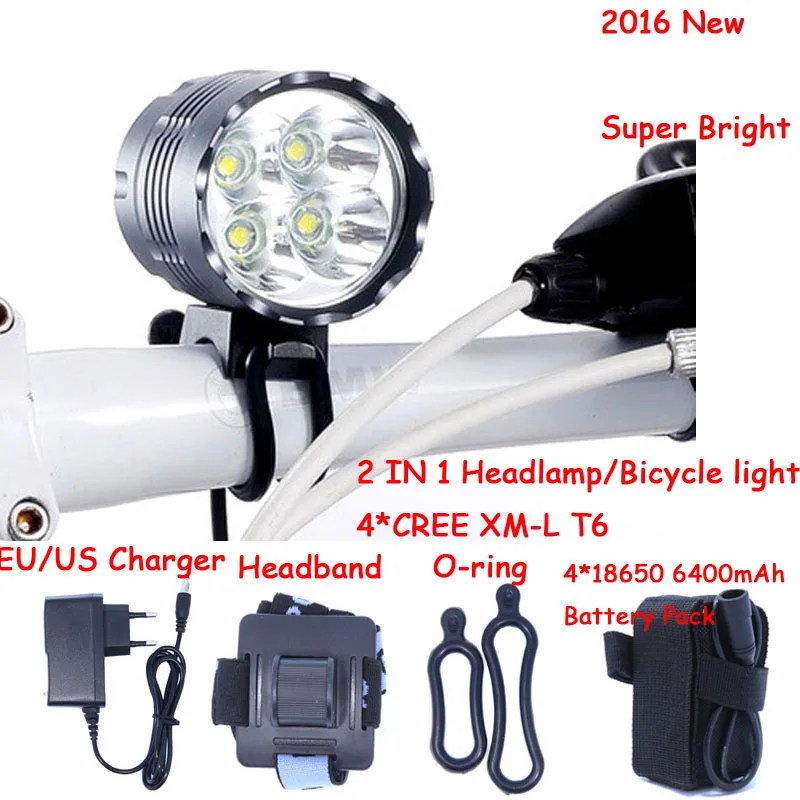 

5000 Lumens 4T6 Headlight 4 x CREE XML T6 LED Bike Bicycle Light & LED HeadLight Headlamp,6400mah Rechargeable battery Pack