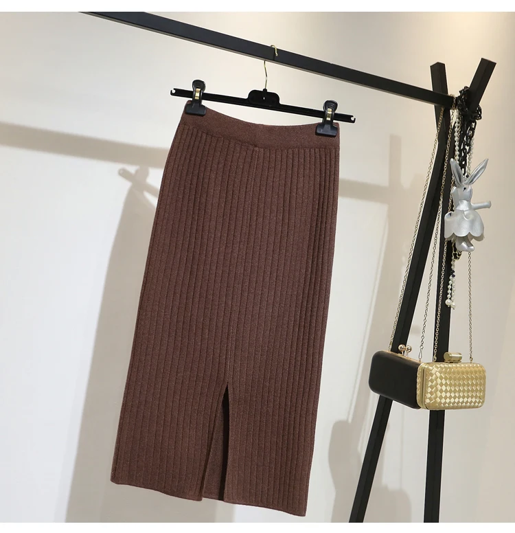 2019 осень зима новые длинные женские вязаные юбки однотонные утолщенные сплит тонкие высокие эластичные офисные женские элегантные юбки