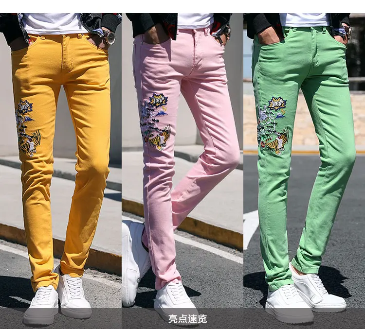 Fashion Streetwear Mens Jeans Slim Fit Elastic Punk Pants Hip Hop Jeans Embroidery Denim Trousers Men Pink Yellow Green Color