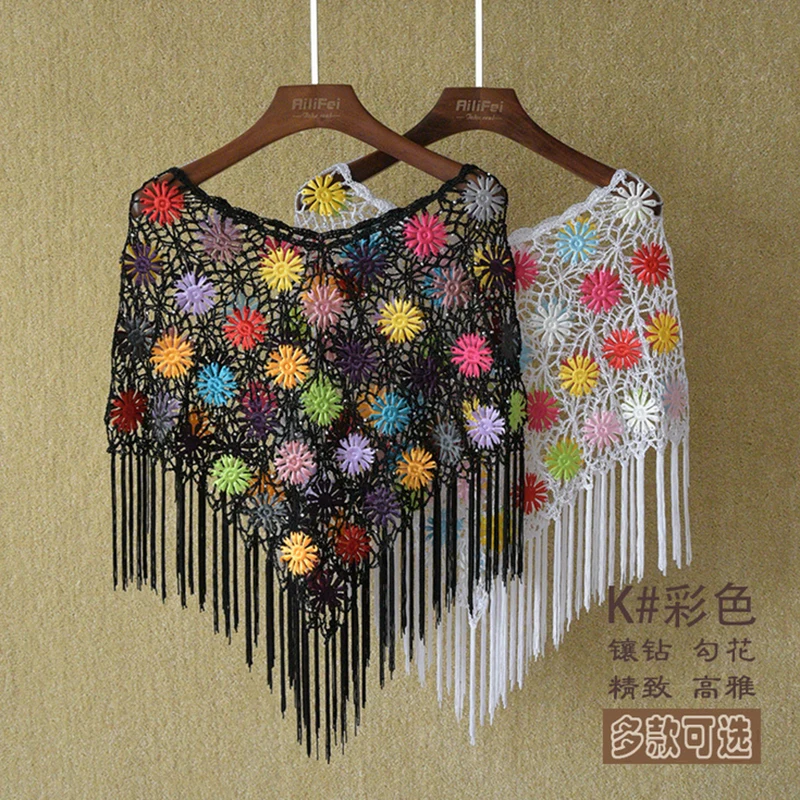 

Summer Style Ice Silk Thin Lace Blouse Lady Sunscreen Crochet Shawl Hollow Out Flower Patterns Cape shirts blusas