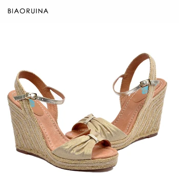 

BIAORUINA Luxury Buckle Women's Striped Sandals Handmade Hemp Wedges Fashion High Heel Platform Shallow Women Sweet Sandals
