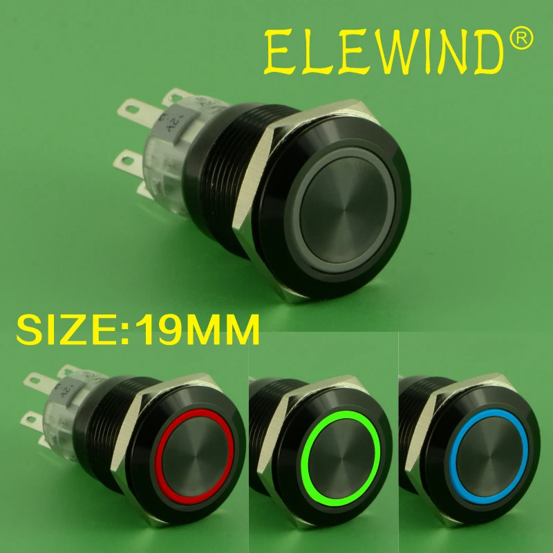 

ELEWIND 19mm Latching type black 3 led color ring illuminated push button switch (PM192F-11ZE/J/RGB/12V/A 4pins for led)