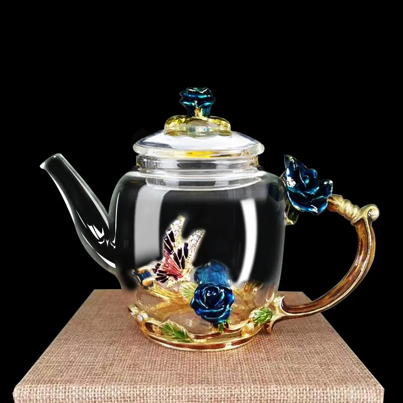 Эмалированный стеклянный чайник, роскошный хрустальный стеклянный цветочный чайник, высококачественный термостойкий стеклянный чайник, подарок на день Святого Валентина, 280 мл - Цвет: Темно-синий